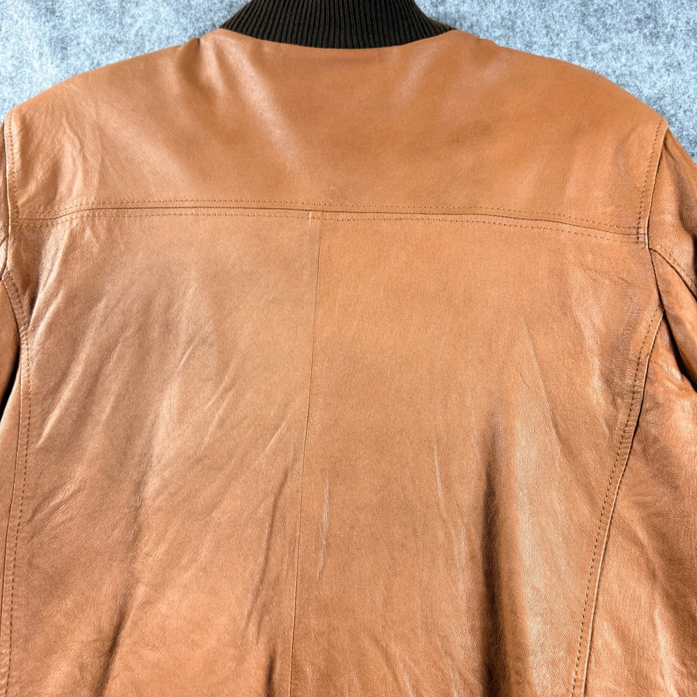 Mario Hernandez Leather Bomber Jacket Tan Brown Mens SZ 40 Zip Front Ribbed Trim - Picture 11 of 16